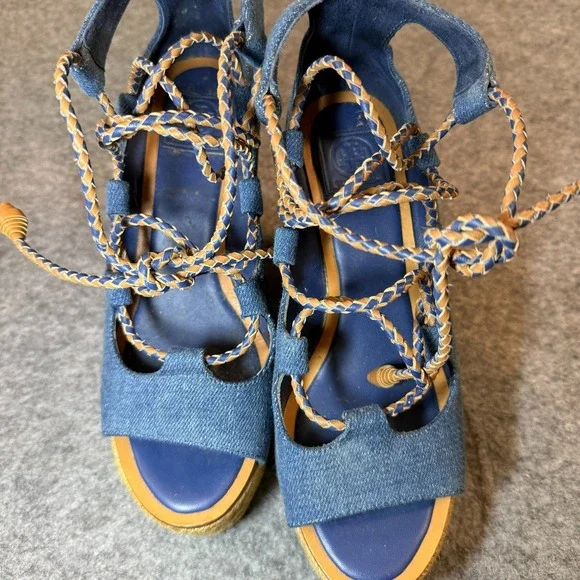 Tory Burch Espadrille Sandals 5.5 Positano Blue Canvas Platform Lace - Picture 6 of 8